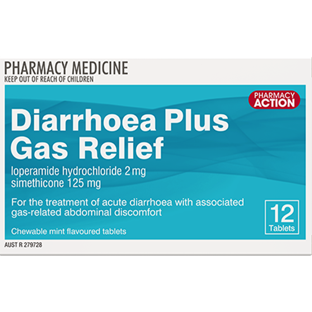 Pharmacy Action Diarrhoea Plus Gas Relief - 12 Tablets