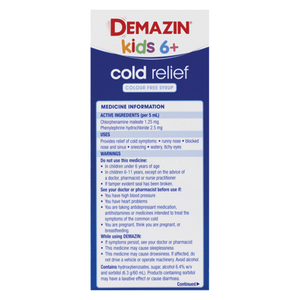 Demazin Kids 6+ Cold Relief Colour Free Syrup - 200mL