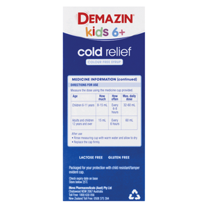 Demazin Kids 6+ Cold Relief Colour Free Syrup - 200mL