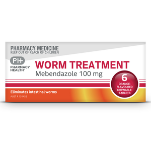 Pharmacy Health Worm Treatment Mebendazole 100mg Orange Flavoured Chewable Tablets - 6 Tablets