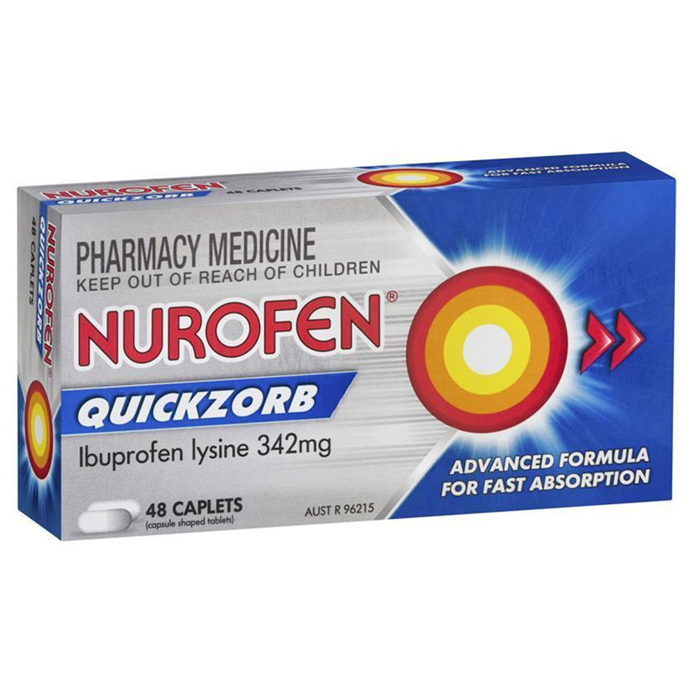 Nurofen Quickzorb Pain Relief Caplets 48 Pack Ibuprofen Lysine 342mg