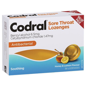 Codral Sore Throat Lozenges Antibacterial + Anaesthetic - 36 Lozenges Honey & Lemon /Lime & Lemon Flavour