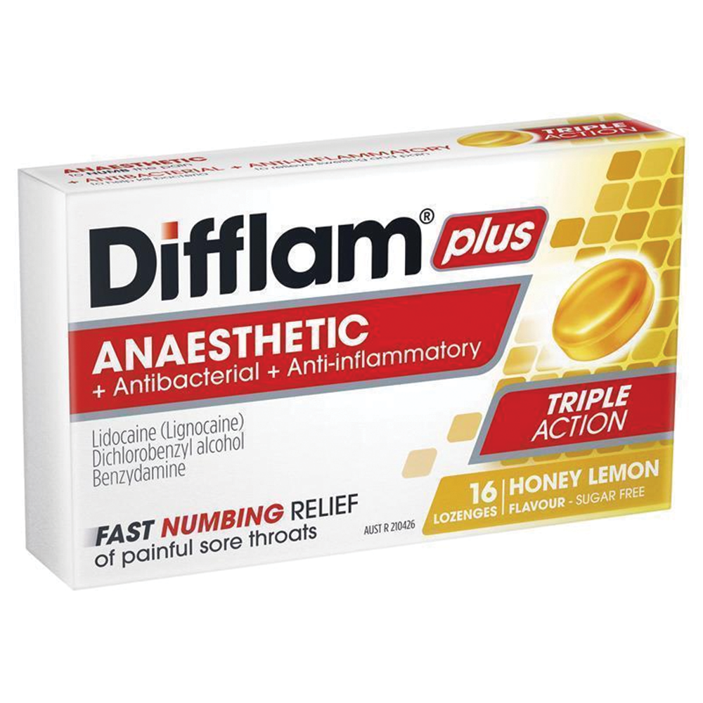 Difflam Plus Anaesthetic Sugar Free - 16 Lozenges Berry/Honey & Lemon/Eucalyptus Menthol Flavour